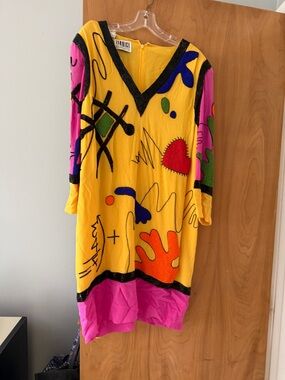 Bright Abstract Yellow Shift Dress with Pink Accents